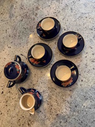 Japanese Navy Blue Floral Teacup and Saucer Set with Sugar and Creamer