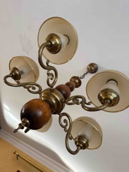 Vintage Brass and Turned Wood Chandelier with Five Lights