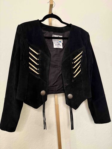 Women's Black Suede Western Style Cropped Jacket with Fringe and Bone Lacing