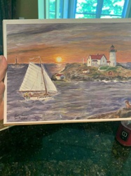 Sailboat and Lighthouse Sunset Seascape Print by Rob Thomas