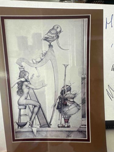 Surrealist Figurative Print with Harp, Nude, Bird, and Jester