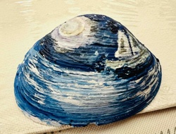 Hand-Painted Seashell with "Starry Night" or Seascape Motif