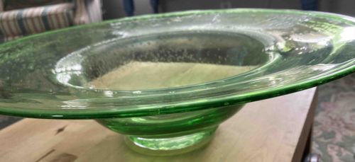Vintage 16-Inch Green Blown Glass Broad-Rimmed Centerpiece Bowl