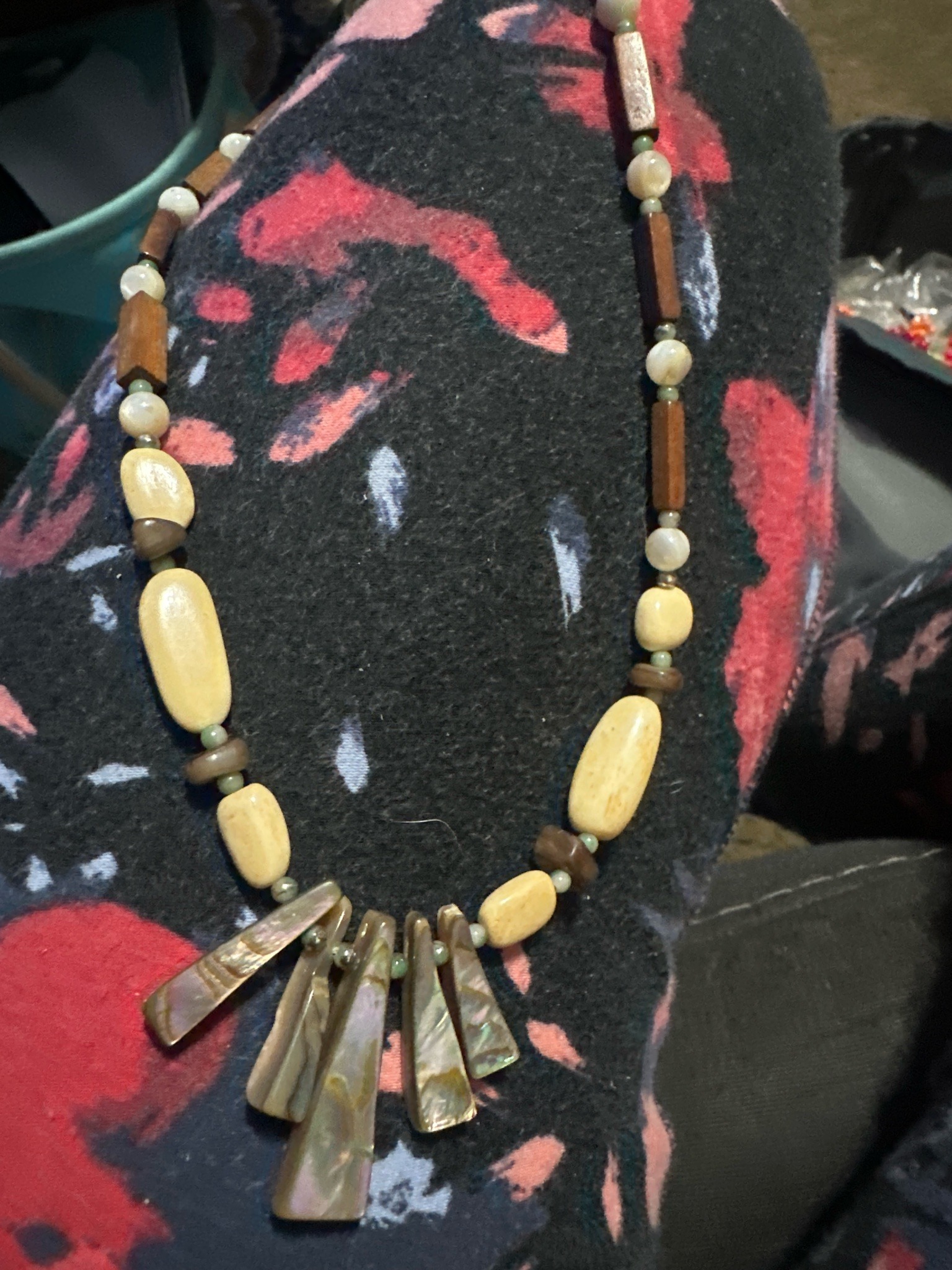 Submitted photo of Beaded statement necklace with mother-of-pearl and wood
