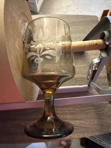 Mid-Century Amber Glass Stemware with Frosted Floral Etching