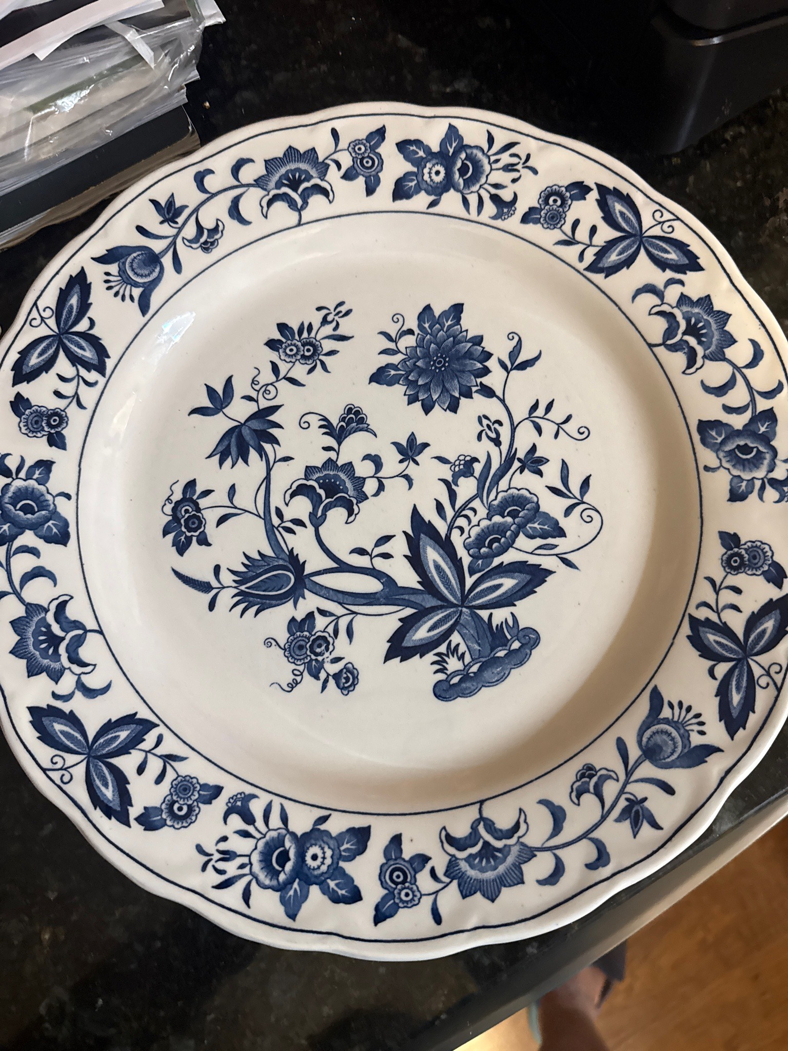 Submitted photo of Blue and white ceramic dinner plate with floral motif