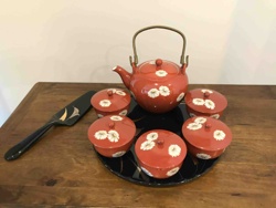 Japanese Red Lacquer Tea Set with Daisy Motif