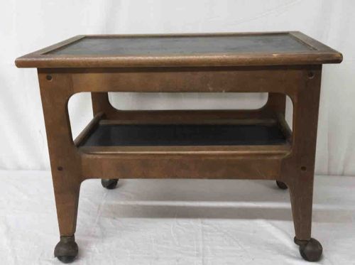 Vintage Wooden Two-Tiered Utility Table with Casters and Dark Inset Panels