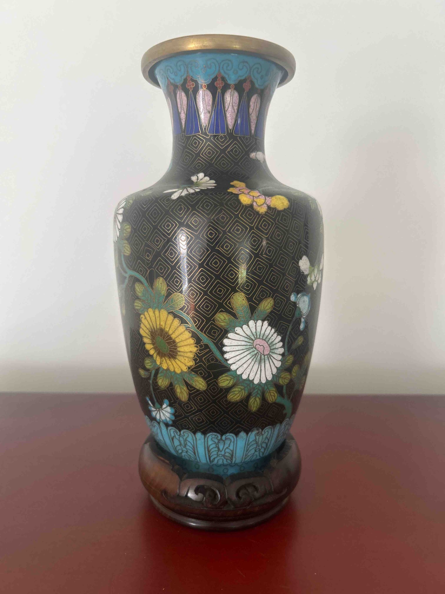 Vintage Chinese Black Ground Cloisonné Floral Vase