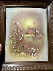 Framed Print: Little Girl Gathering Flowers by a Farm