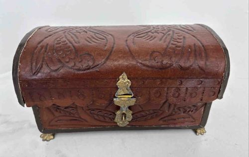 Vintage Tooled Leather Dome-Top Jewelry Chest