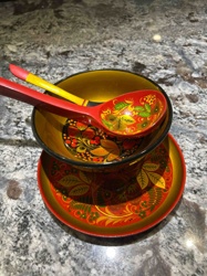 Khokhloma Painted Wooden Bowl, Plate, and Spoons Set
