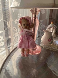 Vintage Girl Doll in Pink Gingham Dress and Bonnet
