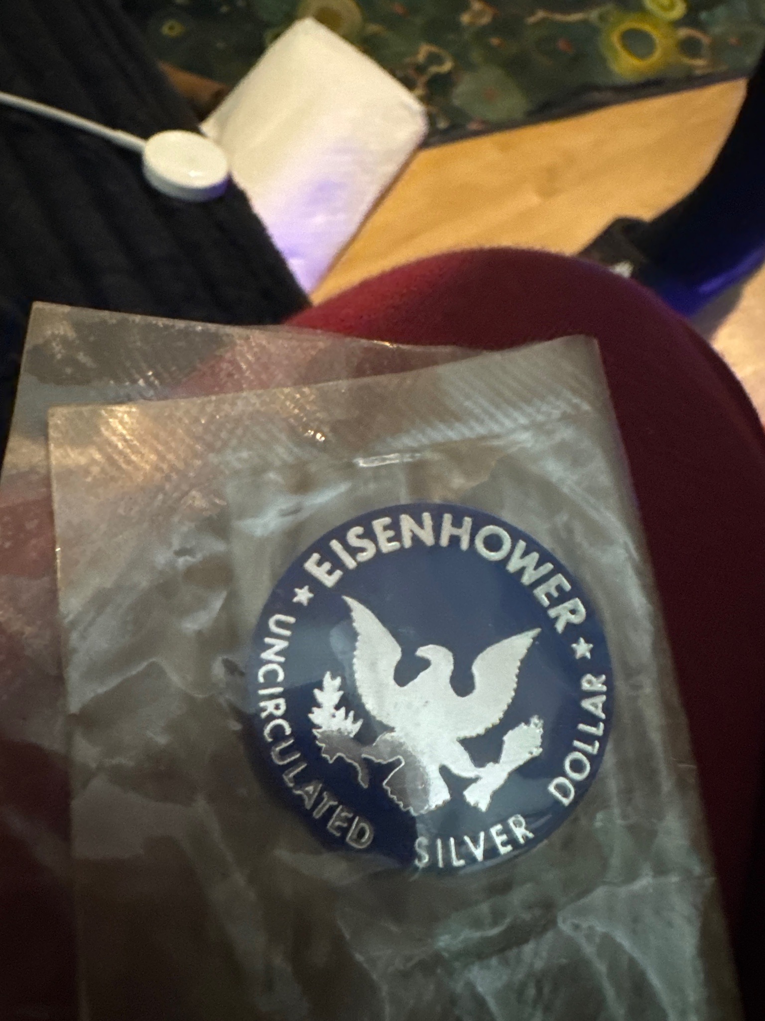 Submitted photo of Eisenhower Uncirculated Silver Dollar blue packaging (not authenticated)