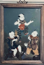 Chinese Reverse Glass Painting of Three Boys (Hundred Children Motif)