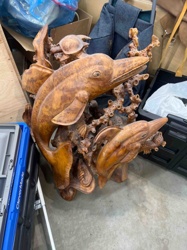 Large Wooden Dolphin and Coral Sculpture