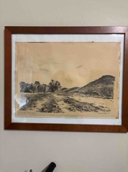 Framed Landscape Drawing with Barn and Hill