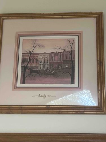 Signed P Buckley Moss Framed Print 'Street Scene with Horse-Drawn Carriage'