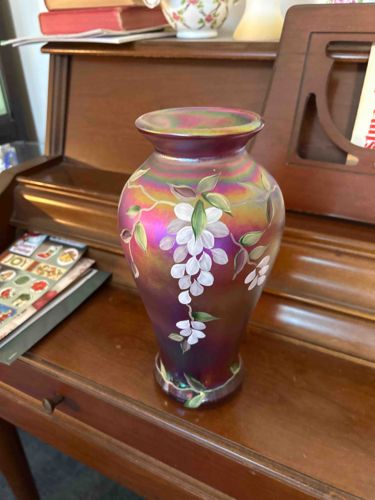 Iridescent Art Glass Vase with Hand-Painted Wisteria Decoration