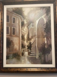 Framed European Alleyway Canvas Painting