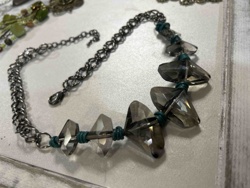 Smoky Quartz and Teal Leather Wrapped Link Chain Necklace
