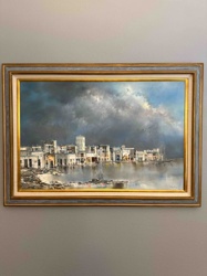 P. Kontny Original Oil Painting: Waterfront Cityscape