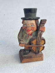 Hand-Carved Wooden Musician Figurine with Top Hat and Stringed Instrument