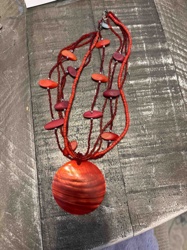 Multi-Strand Red and Orange Disk Bead Necklace with Large Abalone Shell Pendant