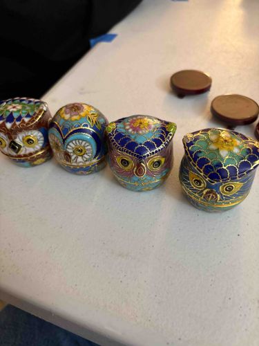 Set of Four Chinese Cloisonné Owl Miniature Bird Figurines/Boxes