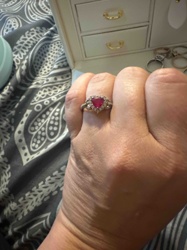 Heart-Shaped Red Gemstone Ring with Diamond Halo and Split Shank Band