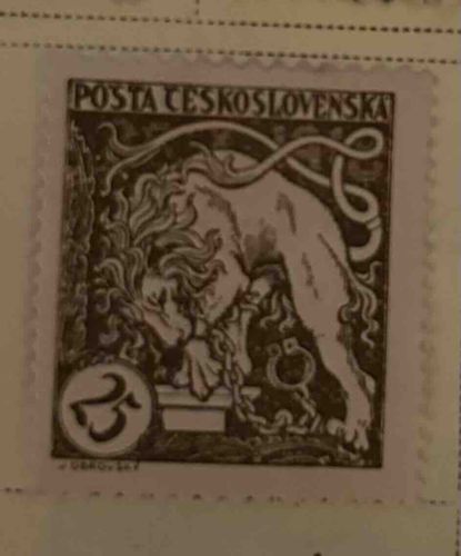 Czechoslovakia 1920 Hradcany Surcharge Issue Postage Stamp, 25h on 50h, Lion and Chain Design