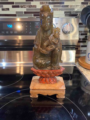 Carved Stone Guanyin with Child Figure on Lotus Base with Stand