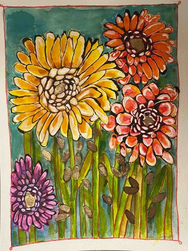 Mixed Media Floral Painting with Gold Highlights