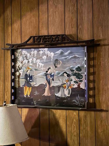 Reverse Painted Glass Oriental Scene with Pagoda-Style Frame