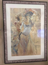 Framed Watercolor and Ink Painting of Three Women