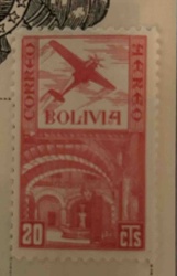 Bolivian Cents Airmail Stamp with Airplane and Archway Scene