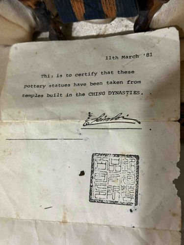 Letter of Authenticity for Pottery Statues