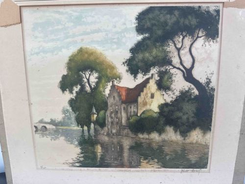 Watercolor or Print of a European Riverside Scene