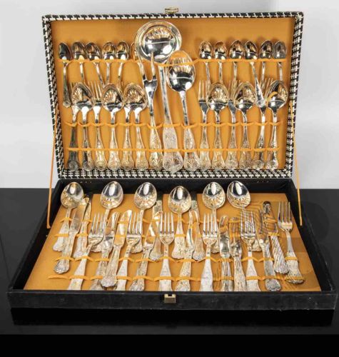 Vintage 51 Piece Stainless Steel Flatware Set in Kings Pattern in Canteen, Stamped AP