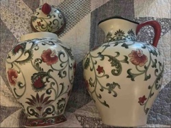 Pair of Floral Decorated Ceramic Ginger Jar and Pitcher