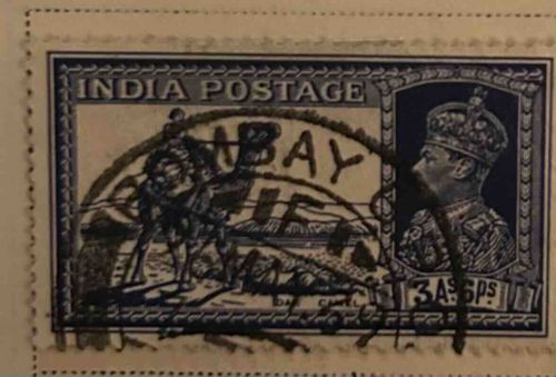 British India 3 Annas Stamp, George V with Camel Postman, Used