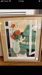 Framed Floral and Landscape Serigraph (Poppies by a Window)