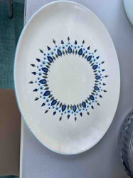Vintage Oval Ceramic Serving Platter with Blue Leaf and Dot Pattern
