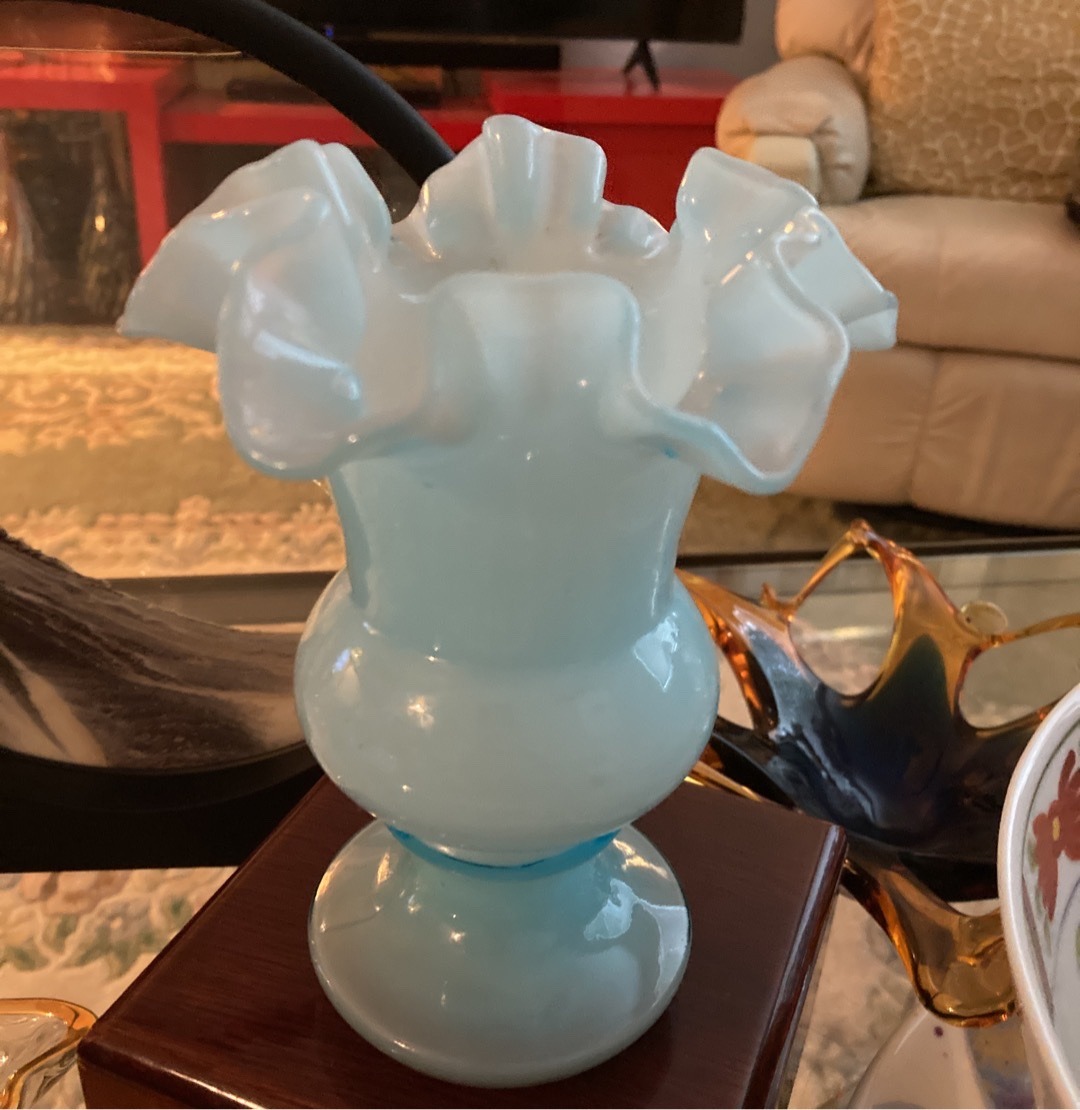 Submitted photo of Pale blue opalescent art glass vase, attributed to Fenton