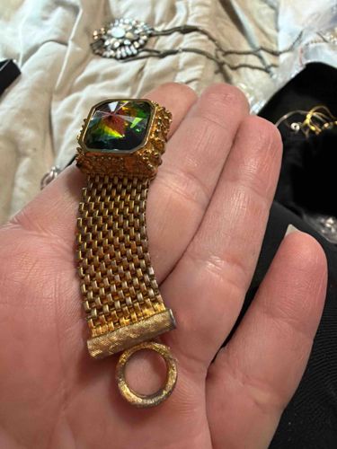 Vintage Gold-Tone Mesh Ribbon Bracelet with Emerald-Cut Rivoli Crystal