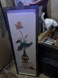 Framed Oriental Hardstone Inlaid Artwork with Lotus and Vase