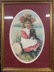 Framed Victorian Era Print of a Girl with Dog