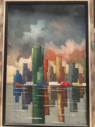 Mid-Century Modern Abstract Cityscape Oil Painting on Canvas