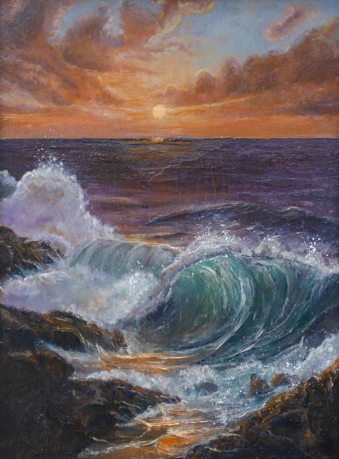 Submitted photo of Seascape oil painting depicting crashing waves at sunset