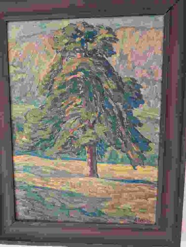 Post-Impressionist Alpine Landscape Painting of a Coniferous Tree